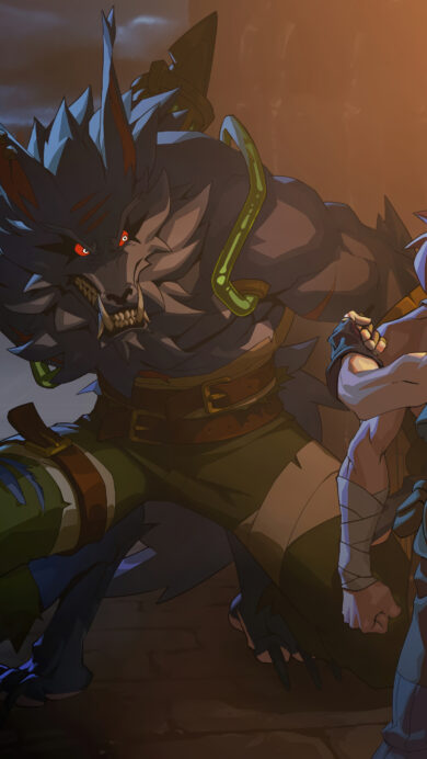 A fierce 4K wallpaper presents Warwick, the monstrous augmented wolf from 2XKO, clashing with opponents on a shadowy street at night. The scene is powerfully illuminated by a bright full moon on the left and a warm, glowing structure on the right, emphasizing Warwick's snarling ferocity and the chaotic struggle.