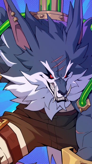 A thrilling 4K wallpaper showcases Warwick from the 2XKO game, a powerful, augmented wolf-like creature lunging forward against a dynamic blue background. His bared fangs, glowing red eyes, and intricate golden mechanical arm with vibrant green tubes highlight his fierce, battle-ready persona against the energetic, stylized backdrop.