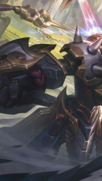 An electrifying 4K wallpaper showcasing Wukong in his intricate Mecha Kingdoms skin, striking a formidable pose within a majestic, mountainous fantasy realm. His powerful staff glows with fiery red energy and bright light, emphasizing the dynamic action and epic scale of the scene.