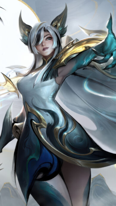 A captivating 4K wallpaper featuring Xayah in her Calligraphia skin from LoL Wild Rift, gracefully poised against an ethereal, ink-washed landscape of mountains and bamboo. Her intricate white, teal, and gold attire flows dynamically, mirroring brush strokes amidst swirling dark ink and shimmering golden accents, all highlighted by a radiant, full-moon-like glow.