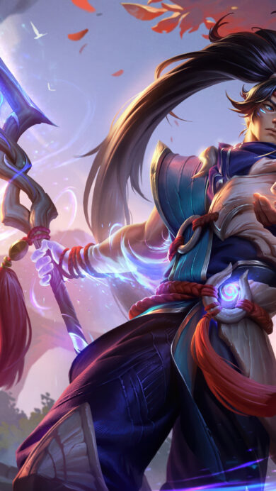 A fantastical 4K wallpaper captures Xin Zhao in his Trials of Twilight skin, standing poised with his glowing spear amidst an ethereal twilight forest scene. Brilliant blue magical energy swirls dynamically around him and his weapon, dramatically contrasting with the warm, rich red and pink hues of the surrounding autumn trees and distant mountains, creating a mystical and powerful mood.