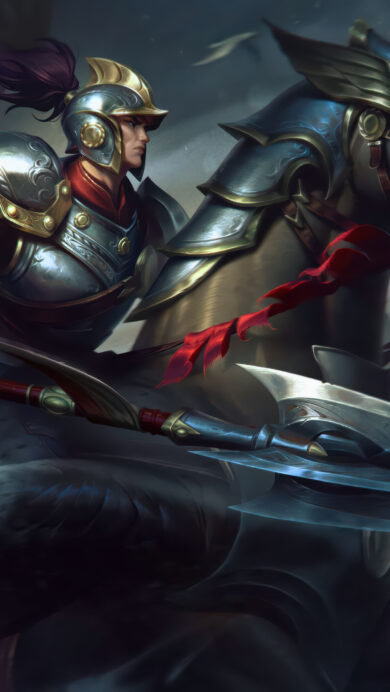 A dynamic 4K wallpaper features Xin Zhao in his updated Winged Hussar LoL Skin, charging heroically on a majestic dark winged steed across a dramatic, smoke-filled battlefield. His gleaming silver and gold armor, along with the imposing spear he brandishes, brilliantly captures the intensity and grandeur of the iconic League of Legends champion.