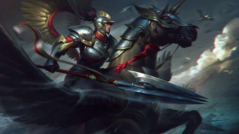 A dynamic 4K wallpaper features Xin Zhao in his updated Winged Hussar LoL Skin, charging heroically on a majestic dark winged steed across a dramatic, smoke-filled battlefield. His gleaming silver and gold armor, along with the imposing spear he brandishes, brilliantly captures the intensity and grandeur of the iconic League of Legends champion.