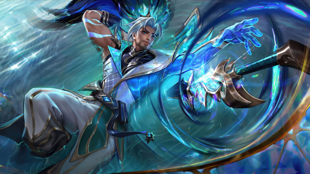 A breathtaking 4K wallpaper showcasing Yasuo in his Calligraphia Prestige Skin from LoL Wild Rift, depicted in a powerful, dynamic pose amidst an ethereal, swirling realm of vibrant blue and teal energy. His extended hand glows with brilliant aquamarine energy, complementing the crystalline armor and flowing robes, all highlighted by shimmering light effects that evoke a sense of majestic power and fluid grace.