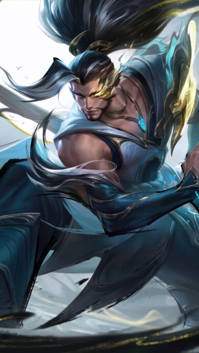 A breathtaking 4K wallpaper featuring Yasuo in his Calligraphia skin from LoL Wild Rift, posed dynamically amidst swirling brushstrokes of wind and ink. His intense gaze and powerful stance are accentuated by vibrant cyan energies, flowing robes of deep blue and white, and sweeping gold and black calligraphic lines that define the scene's artistic and powerful essence.