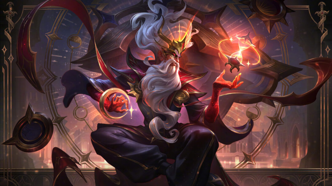 A captivating 4K wallpaper showcases Zilean in his Arcana skin, with long white hair and beard, wearing ornate dark robes, seated within a complex, gilded celestial mechanism against a cosmic twilight sky. His glowing red hands manipulate vibrant golden arcane energy and sparkling stars, casting an ethereal glow that emphasizes the intricate clockwork and mystical ambiance.