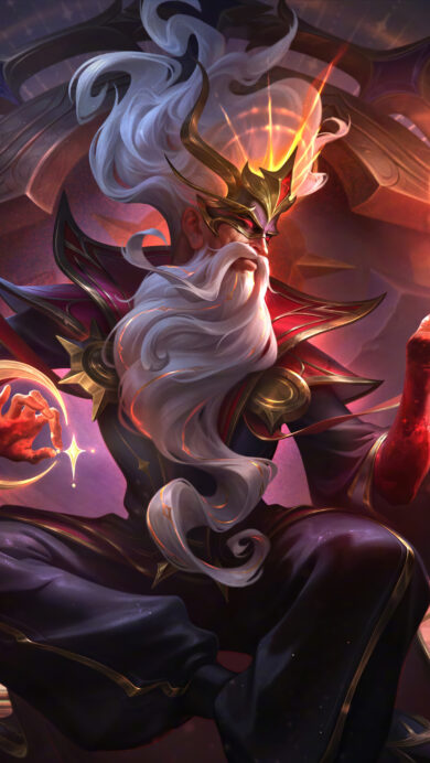 A captivating 4K wallpaper showcases Zilean in his Arcana skin, with long white hair and beard, wearing ornate dark robes, seated within a complex, gilded celestial mechanism against a cosmic twilight sky. His glowing red hands manipulate vibrant golden arcane energy and sparkling stars, casting an ethereal glow that emphasizes the intricate clockwork and mystical ambiance.