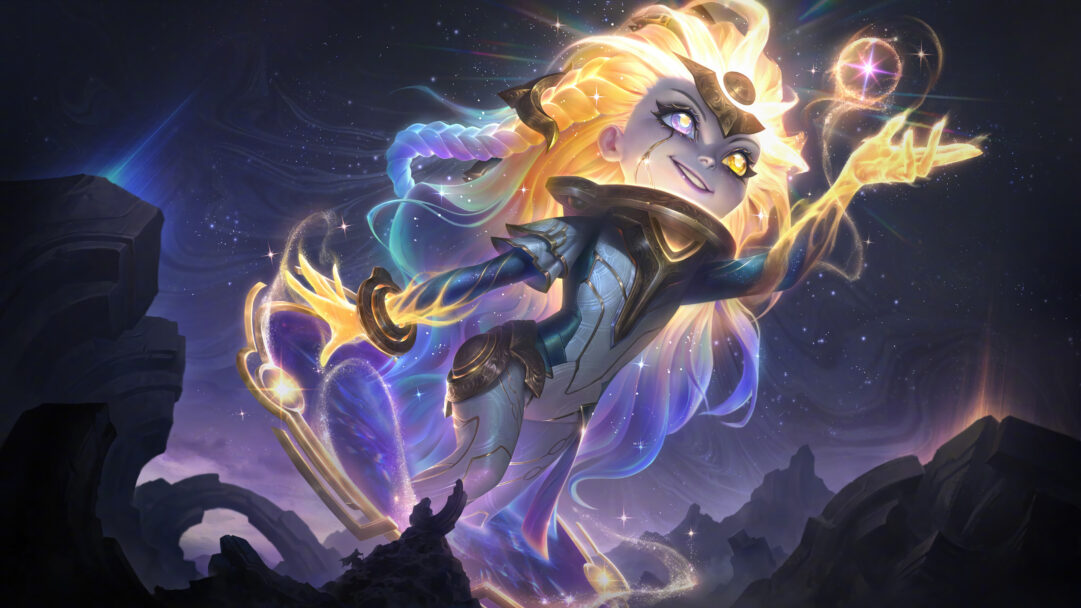 An otherworldly 4K wallpaper featuring Zoe in her Eternal Aspect Prestige Skin, a celestial being levitating amidst a vibrant, star-filled cosmic void. Her luminous golden hair and shimmering iridescent gown radiate magical energy, while a mischievous smile plays on her face as she conjures sparkling cosmic power.