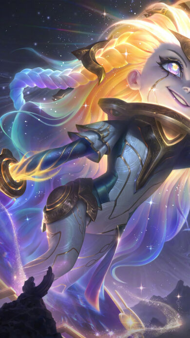 An otherworldly 4K wallpaper featuring Zoe in her Eternal Aspect Prestige Skin, a celestial being levitating amidst a vibrant, star-filled cosmic void. Her luminous golden hair and shimmering iridescent gown radiate magical energy, while a mischievous smile plays on her face as she conjures sparkling cosmic power.