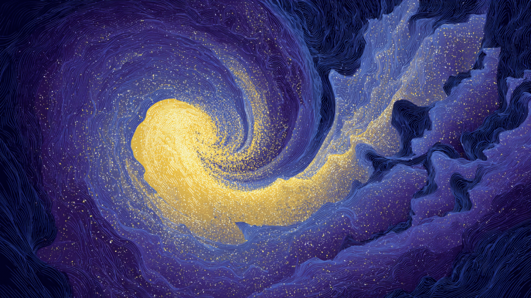 A mesmerizing 4K wallpaper showcasing an abstract swirl of vibrant gold bursting forth amidst deep blue and purple galactic patterns. Thousands of tiny golden specks shimmer across the intricately lined textures, highlighting the powerful, swirling movement and giving the scene a magical, starry depth.