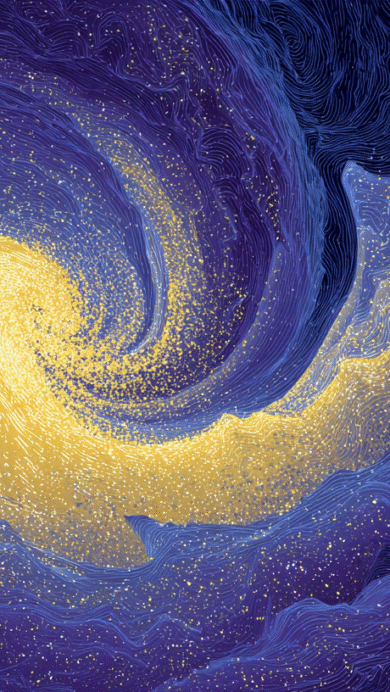 A mesmerizing 4K wallpaper showcasing an abstract swirl of vibrant gold bursting forth amidst deep blue and purple galactic patterns. Thousands of tiny golden specks shimmer across the intricately lined textures, highlighting the powerful, swirling movement and giving the scene a magical, starry depth.