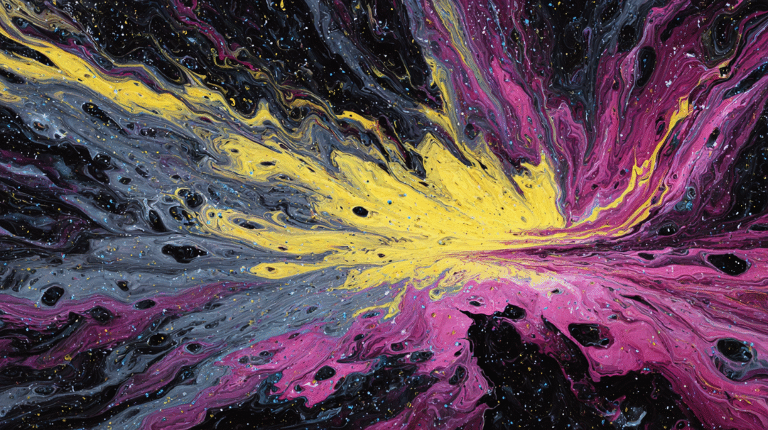 A dynamic 4K wallpaper depicts abstract cosmic fluid art, where vibrant streams of yellow, pink, and black swirl together across a dark, star-speckled void. The vivid yellow explodes outwards from the center, blending with deep fuchsia and swirling charcoal grey, creating a powerful, ethereal sense of galactic motion and energy.