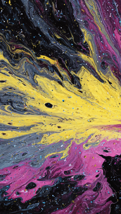 A dynamic 4K wallpaper depicts abstract cosmic fluid art, where vibrant streams of yellow, pink, and black swirl together across a dark, star-speckled void. The vivid yellow explodes outwards from the center, blending with deep fuchsia and swirling charcoal grey, creating a powerful, ethereal sense of galactic motion and energy.