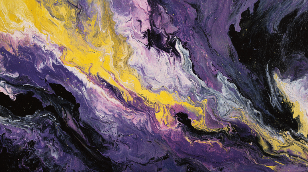 A dynamic 4K wallpaper showcases an abstract fluid artwork, where vibrant purple, yellow, and deep black colors intricately swirl across the canvas. Thick, painterly textures create a mesmerizing dance of these contrasting hues, flowing into organic, marble-like patterns that evoke energetic motion and depth.