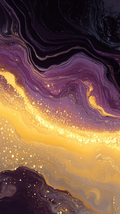 A mesmerizing 4K wallpaper depicts an abstract composition of swirling gold glitter and rich purple fluid art. Golden rivulets speckled with shimmering glitter flow vibrantly through darker tones of deep purple and dark blues, creating a luxurious and dynamic cosmic feel.