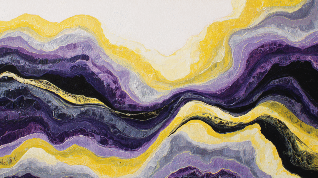 A captivating 4K wallpaper presents an abstract design of undulating, textured lines in purple, yellow, and gold against a subtle white background. The rich interplay of deep purples, vibrant yellows, and shimmering gold accents creates a sense of fluid movement and depth within the paint's textured surface.
