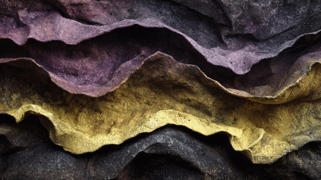 A captivating 4K wallpaper displaying an abstract layered texture in undulating waves of purple, gold, and black. Rough, organic textures in deep purple, shimmering gold, and charcoal black intertwine and overlap, creating a sense of mysterious depth and ancient elegance.