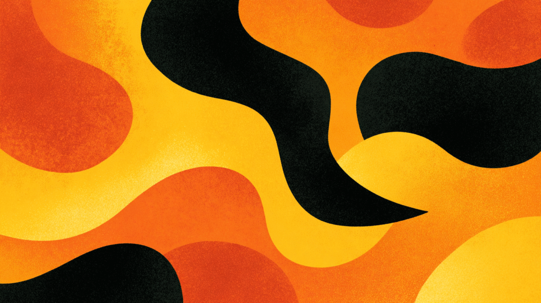 An artful 4K wallpaper displays abstract organic shapes, flowing across the entire frame. Vivid orange and golden yellow hues intermingle with bold black elements, all imbued with a subtle, cohesive grainy texture.