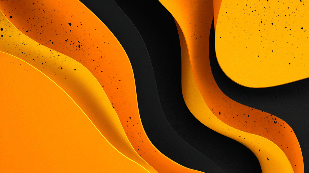 A dynamic 4K wallpaper showcasing abstract, undulating layers of orange, yellow, and black that flow smoothly across the frame. Deep shadows beneath the wavy curves enhance the dimensional effect, while subtle speckle textures on the vibrant orange and yellow elements add an intriguing tactile quality to the modern design.