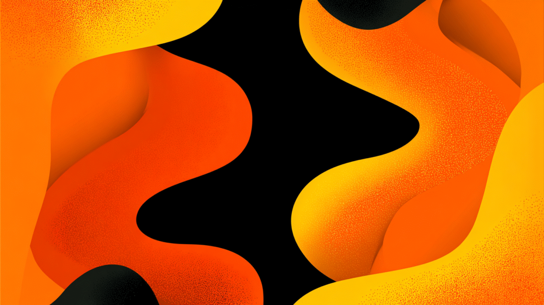 A vibrant 4K wallpaper showcasing abstract orange and yellow wavy fluid shapes flowing across a solid black background. Their undulating forms transition smoothly with subtle granular textures, creating a luminous and dynamic contrast.