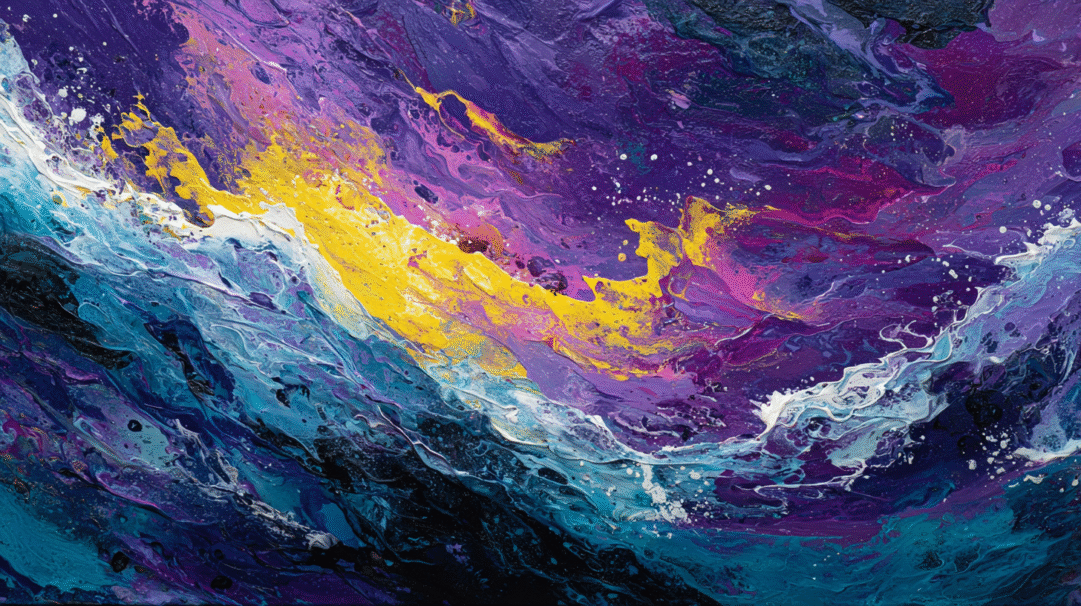 A mesmerizing 4K wallpaper showcases abstract paint swirls, predominantly in shades of purple, blue, and yellow, creating a fluid and dynamic composition. Bright streaks of yellow dramatically break through a flowing blend of deep purples and cool blues, creating a striking sense of energetic motion and vivid texture.