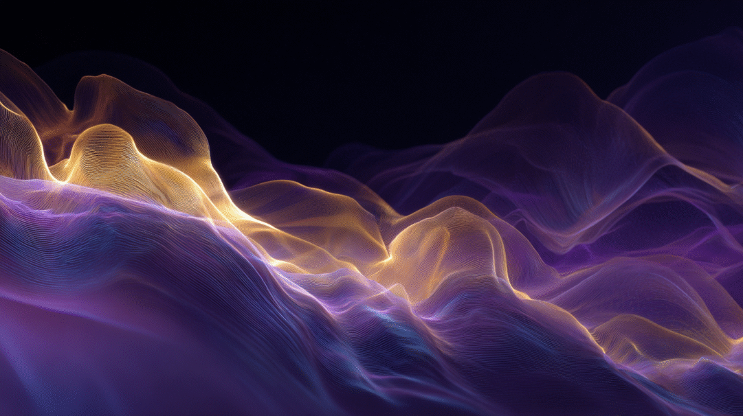 A captivating 4K wallpaper displays abstract digital waves, rising and falling like illuminated, shimmering topography against a dark, undefined background. Its intricate lines sculpt glowing peaks and valleys, where radiant gold light dramatically contrasts with deep, shifting shades of purple, evoking a sense of dynamic energy and futuristic elegance.