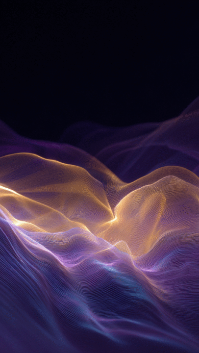 A captivating 4K wallpaper displays abstract digital waves, rising and falling like illuminated, shimmering topography against a dark, undefined background. Its intricate lines sculpt glowing peaks and valleys, where radiant gold light dramatically contrasts with deep, shifting shades of purple, evoking a sense of dynamic energy and futuristic elegance.