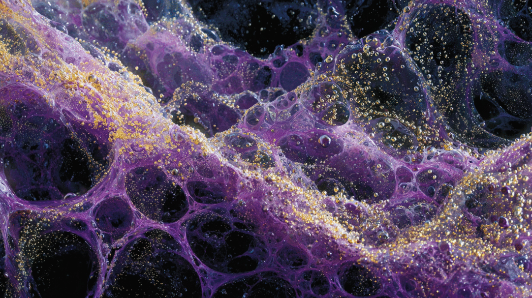 A captivating 4K wallpaper features an abstract landscape of interconnected purple liquid structures, forming a textured surface. Tiny, glistening gold bubbles and particles are embedded throughout the translucent purple matrix, creating a rich interplay of color, light, and depth that evokes a sense of cosmic fluidity.