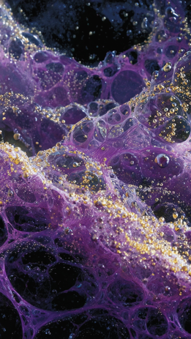 A captivating 4K wallpaper features an abstract landscape of interconnected purple liquid structures, forming a textured surface. Tiny, glistening gold bubbles and particles are embedded throughout the translucent purple matrix, creating a rich interplay of color, light, and depth that evokes a sense of cosmic fluidity.