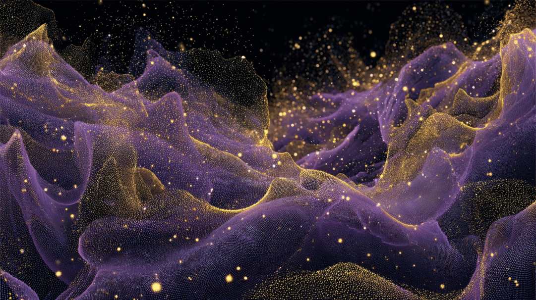 A mesmerizing 4K wallpaper of abstract purple and gold particle waves flowing dynamically across a deep black void. The ethereal forms are crafted from countless tiny particles, with brilliant gold flecks scattered throughout, creating a luxurious interplay of light and shadow that feels both fluid and magical.