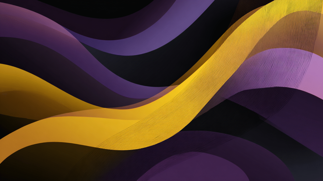 A dynamic 4K wallpaper of abstract purple and gold waves flowing across a dark background. The metallic gold bands, some textured with fine lines, dramatically sweep and intersect with varying shades of translucent purple curves, creating a fluid and sophisticated visual rhythm.
