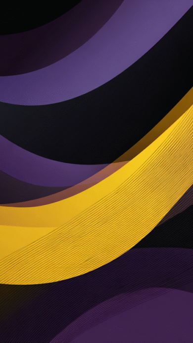 A dynamic 4K wallpaper of abstract purple and gold waves flowing across a dark background. The metallic gold bands, some textured with fine lines, dramatically sweep and intersect with varying shades of translucent purple curves, creating a fluid and sophisticated visual rhythm.