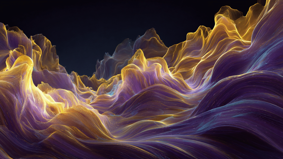 An immersive 4K wallpaper unveils an abstract digital landscape, defined by undulating purple and gold wavy lines that form ethereal peaks and valleys against a dark background. The interplay of glowing golden filaments against the deep purple and subtle teal creates a vibrant, almost electric energy across the undulating forms.