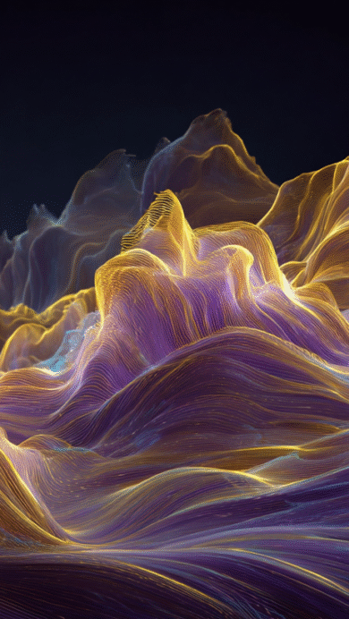 An immersive 4K wallpaper unveils an abstract digital landscape, defined by undulating purple and gold wavy lines that form ethereal peaks and valleys against a dark background. The interplay of glowing golden filaments against the deep purple and subtle teal creates a vibrant, almost electric energy across the undulating forms.