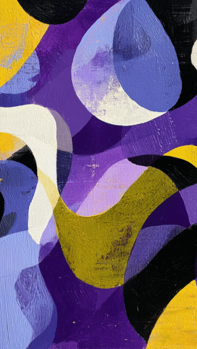 A vibrant 4K wallpaper showcasing an abstract composition of overlapping purple, yellow, and black shapes, rendered with visible brushstrokes. The fluid forms and varied textures create a lively interplay of contrasting colors, imparting a dynamic and modern mood.