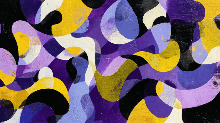 A vibrant 4K wallpaper showcasing an abstract composition of overlapping purple, yellow, and black shapes, rendered with visible brushstrokes. The fluid forms and varied textures create a lively interplay of contrasting colors, imparting a dynamic and modern mood.