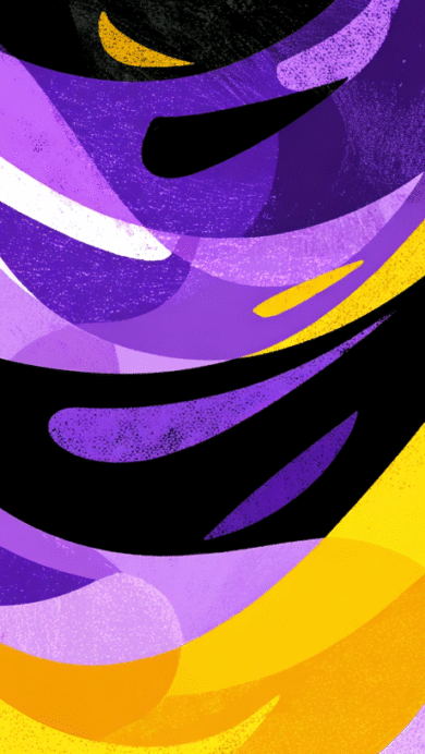 A vibrant 4K wallpaper showcases an abstract composition of flowing purple, yellow, and black wavy patterns. The dynamic interplay of these bold hues, accented by subtle grainy textures and lighter white swirls, creates a lively and energetic mood.