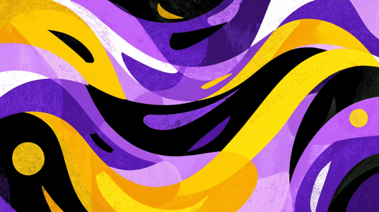 A vibrant 4K wallpaper showcases an abstract composition of flowing purple, yellow, and black wavy patterns. The dynamic interplay of these bold hues, accented by subtle grainy textures and lighter white swirls, creates a lively and energetic mood.