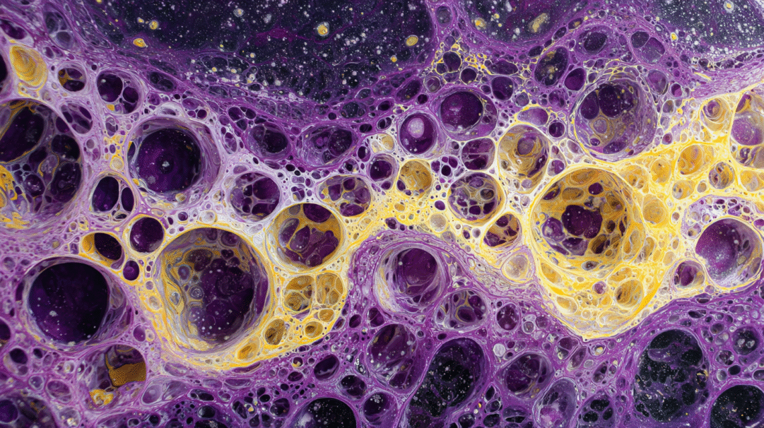 A mesmerizing 4K wallpaper showcasing an abstract fluid art composition dominated by vibrant purple and bright yellow pigments. Intricate networks of fluid cells and bubbles in various sizes emerge, creating a tactile, organic texture that shifts between deep violet hues and luminous gold.