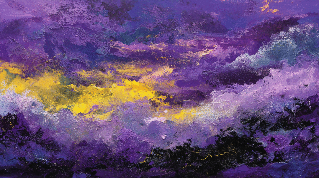 A captivating 4K wallpaper depicting an abstract painting rich with purple and yellow textured brushstrokes. The deeply textured surface features vibrant yellow impasto strokes that dramatically surge through a complex tapestry of varying purple and violet hues, creating an intense, energetic atmosphere.
