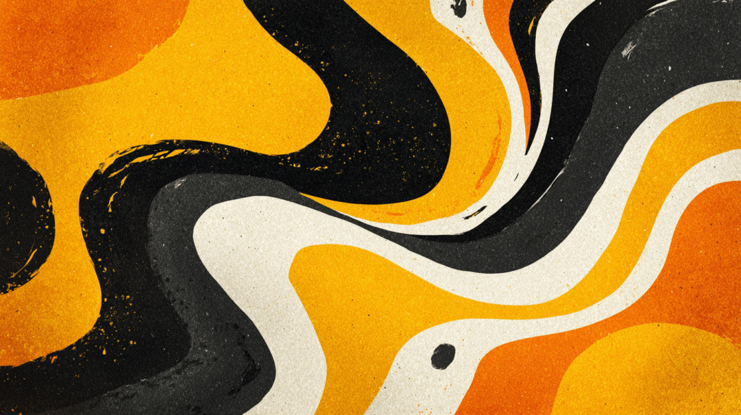 A captivating 4K wallpaper showcases an abstract design of wide, flowing wavy bands in a dynamic interplay of bright orange, vivid yellow, and deep black, accented by creamy off-white, stretching across the entire canvas. The gritty, speckled texture gives the undulating forms a tactile, retro feel, defining the image's vibrant and energetic mood.