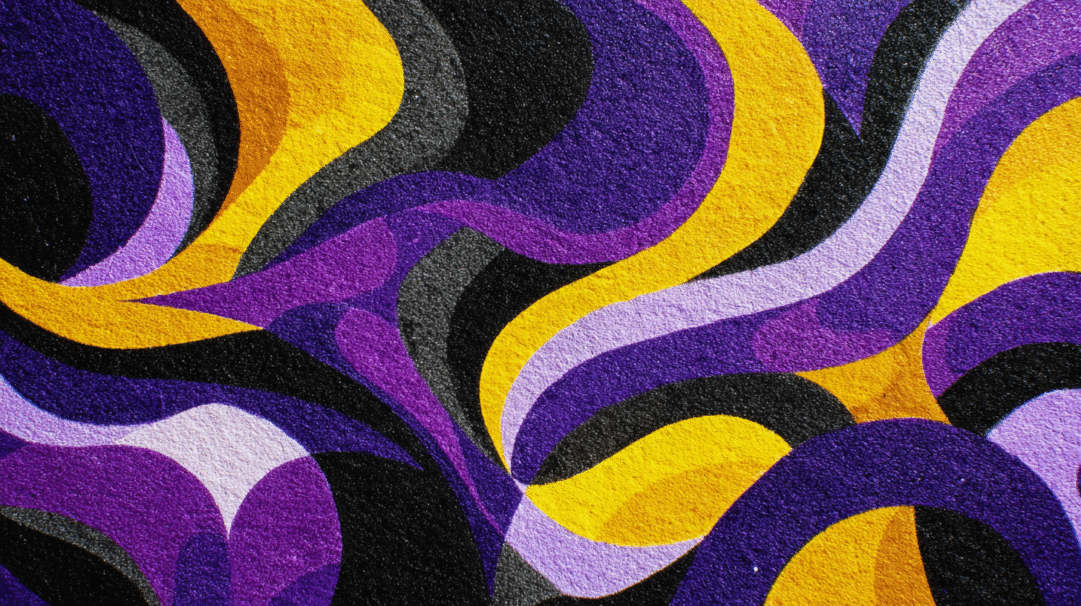 A vibrant 4K wallpaper showcases an abstract design of smoothly undulating, organic waves covering the entire frame. The pattern features intertwining broad bands of vivid purple, golden yellow, dark black, and various shades of gray, all rendered with a tactile, slightly grainy texture that enhances its dynamic flow.