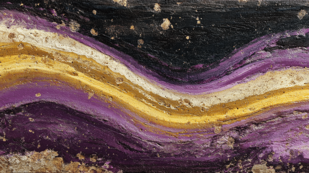 A captivating 4K wallpaper reveals an abstract composition featuring bold, wavy textures of purple, gold, and off-white flowing across a dark black expanse. The rich, uneven surfaces of the paint create a raw, layered depth, where the vibrant purples and golds appear to emerge from the darker tones with a palpable, energetic motion.