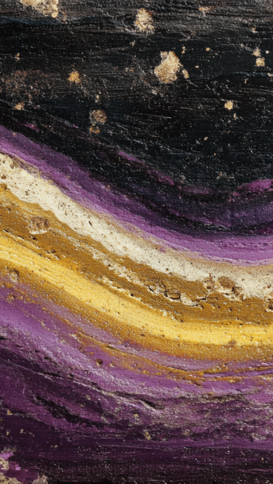 A captivating 4K wallpaper reveals an abstract composition featuring bold, wavy textures of purple, gold, and off-white flowing across a dark black expanse. The rich, uneven surfaces of the paint create a raw, layered depth, where the vibrant purples and golds appear to emerge from the darker tones with a palpable, energetic motion.