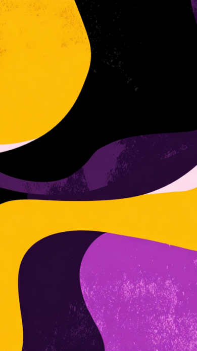 A dynamic 4K wallpaper displays an abstract wavy texture, featuring flowing, organic shapes in yellow, various shades of purple, and deep black. The bold interplay of these vibrant and dark hues, accented by a subtle grainy texture, creates a modern and visually captivating composition.