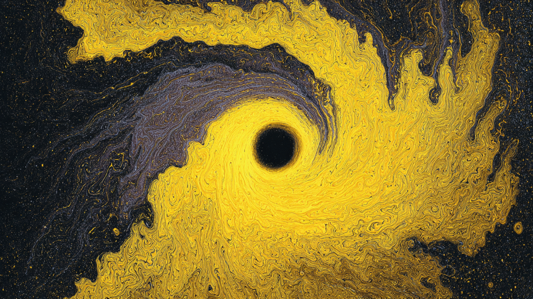 A dynamic 4K wallpaper captures an abstract composition of yellow and black liquid artfully swirling into a dark central vortex. The vibrant, textured yellow streams dramatically contrast with the deep, speckled black background, creating an illusion of powerful, flowing energy.