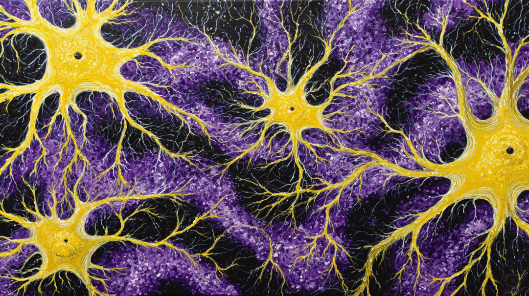An intricate 4K wallpaper showcasing abstract yellow neurons, with several prominent star-shaped cell bodies and extensive branching dendrites, against a dark purple background. The vibrant yellow forms dramatically contrast with the textured purple field, which is dappled with lighter specks, evoking a sense of complex neural pathways and energetic cosmic activity.