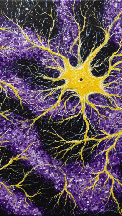 An intricate 4K wallpaper showcasing abstract yellow neurons, with several prominent star-shaped cell bodies and extensive branching dendrites, against a dark purple background. The vibrant yellow forms dramatically contrast with the textured purple field, which is dappled with lighter specks, evoking a sense of complex neural pathways and energetic cosmic activity.