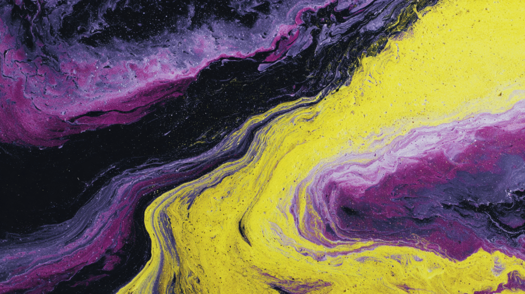 A captivating 4K wallpaper of abstract yellow, purple, and black fluid art. Vivid yellow streams swirl against deep purple and black expanses, creating a textured, cosmic-like flow with fine speckles that enhance its vibrant, dynamic mood.