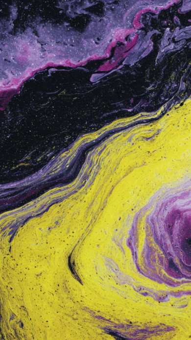 A captivating 4K wallpaper of abstract yellow, purple, and black fluid art. Vivid yellow streams swirl against deep purple and black expanses, creating a textured, cosmic-like flow with fine speckles that enhance its vibrant, dynamic mood.